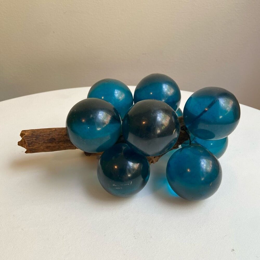 Vintage Mid-Century Lucite Grape Cluster Turquoise Blue on Driftwood